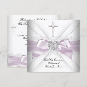Girl First Holy Communion Pink White Silver Heart Einladung