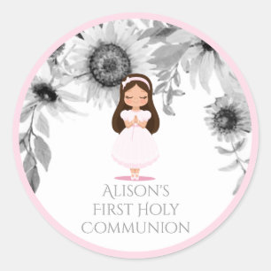 Girl First Holy Communion Rosa Blume Runder Aufkleber