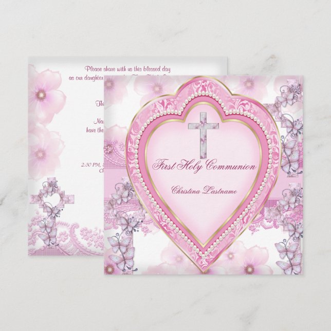 Girl First Holy Communion Rosa Herz Einladung (Vorne/Hinten)