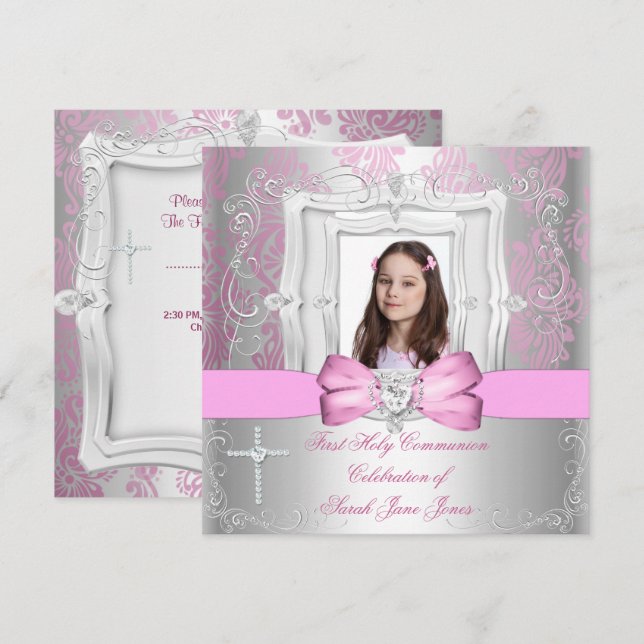 Girl First Holy Communion Silver Pink Foto Einladung (Vorne/Hinten)