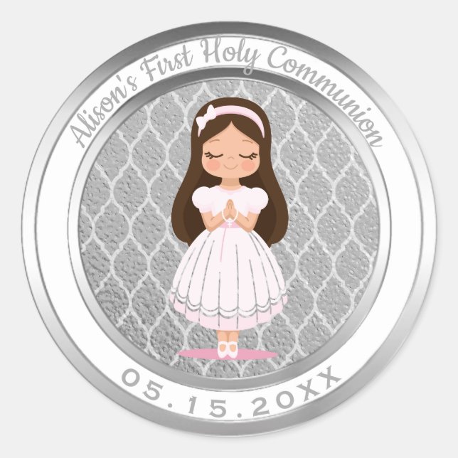 Girl First Holy Communion Silver Quatrefoil Runder Aufkleber (Vorderseite)