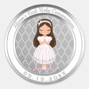 Girl First Holy Communion Silver Quatrefoil Runder Aufkleber