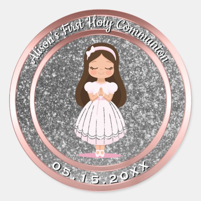 Girl First Holy Communion Silver Rose Gold Runder Aufkleber (Vorderseite)