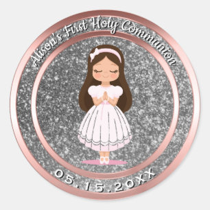 Girl First Holy Communion Silver Rose Gold Runder Aufkleber