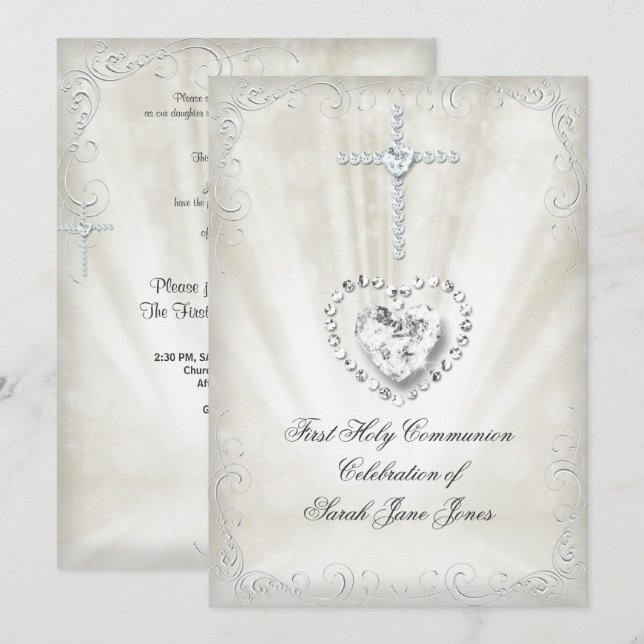 Girl First Holy Communion White Beige Himmlisch 2 Einladung (Vorne/Hinten)