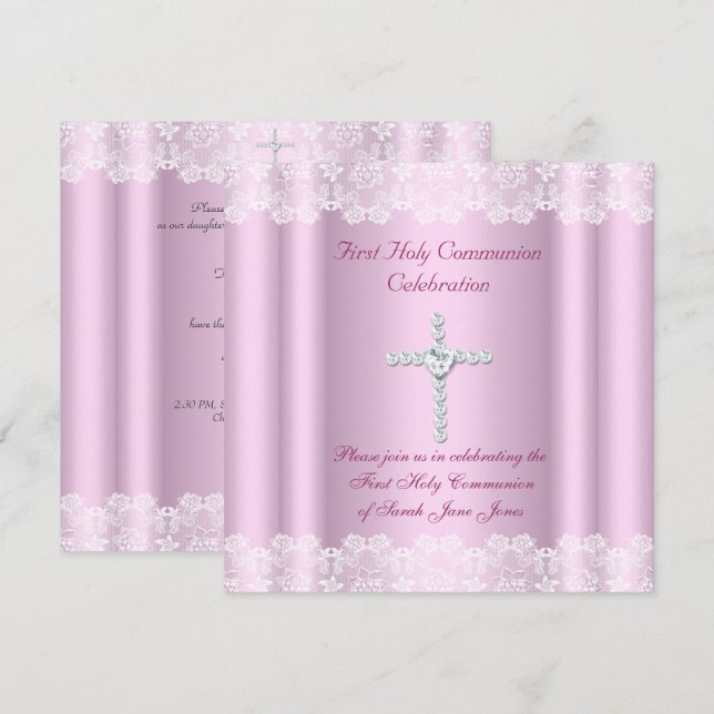 Girl First Holy Communion White Lace Pink Cross Einladung (Vorne/Hinten)