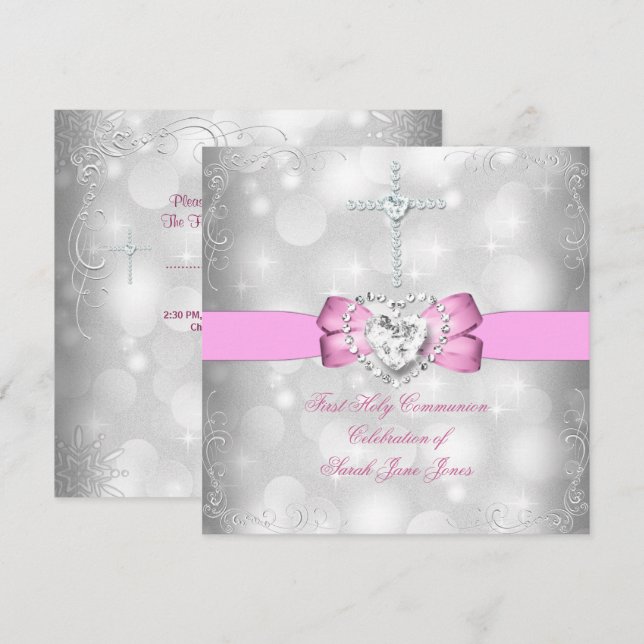 Girl First Holy Communion White Pink Einladung (Vorne/Hinten)