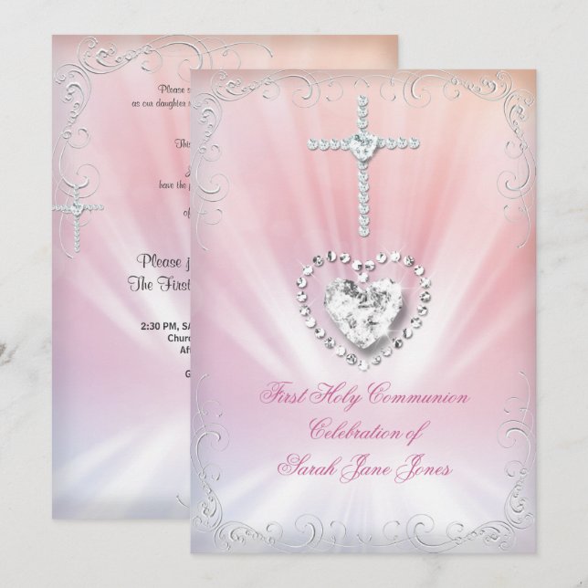 Girl First Holy Communion White Pink Himmlisch 2 Einladung (Vorne/Hinten)
