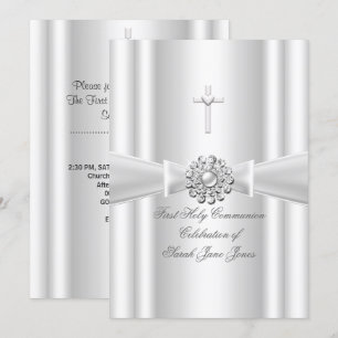 Girl First Holy Communion White Silver Einladung