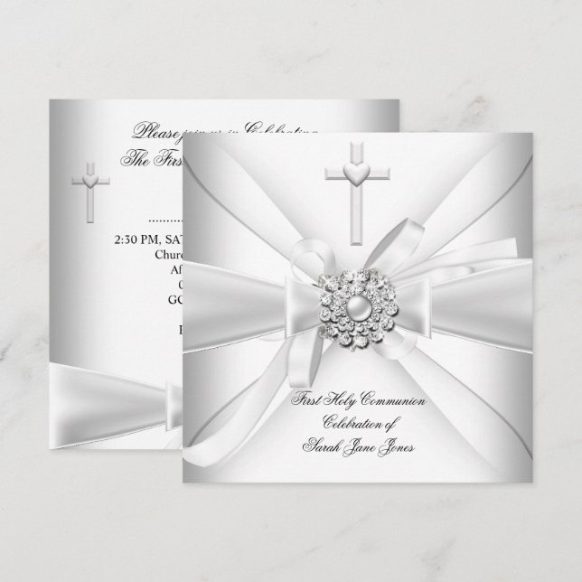 Girl First Holy Communion White Silver Einladung (Vorne/Hinten)