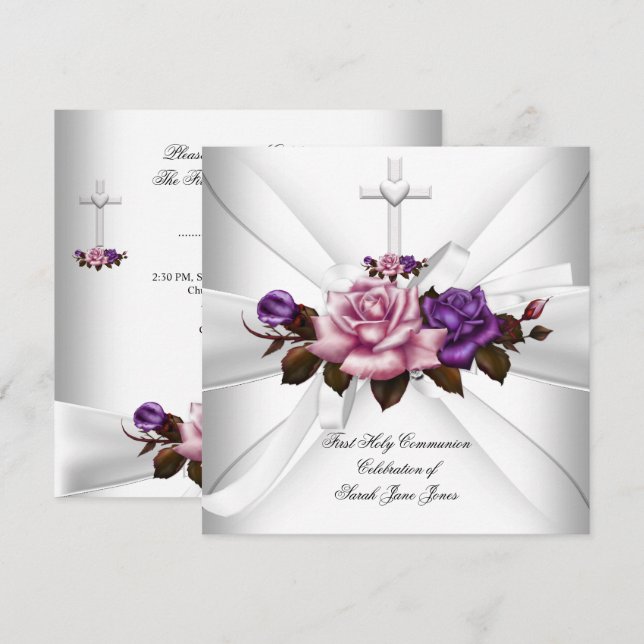 Girl First Holy Communion White Silver Pink Lila Einladung (Vorne/Hinten)