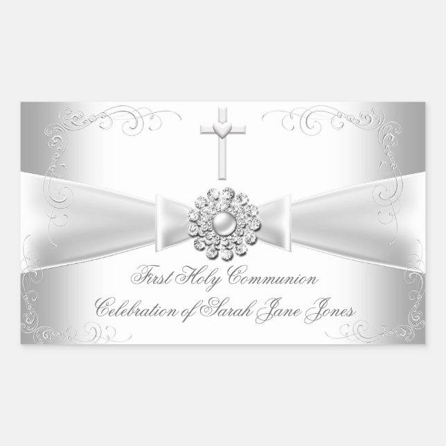 Girl First Holy Communion White Silver Rechteckiger Aufkleber (Vorderseite)
