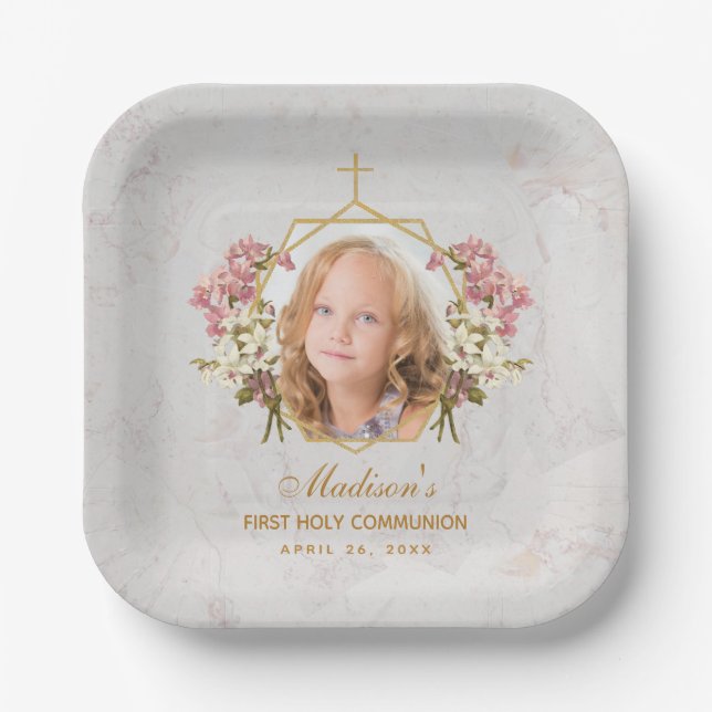 Girl First Kommune Foto Marmor Rosa Orchid Gold Pappteller (Vorderseite)