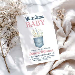 Girl Floral Denim Pocket Blue Jean Baby Shower Einladung
