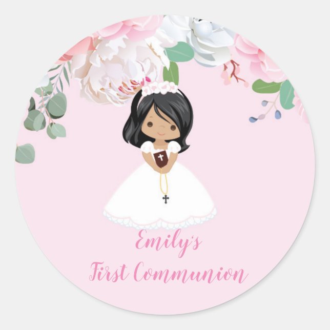 Girl Floral First Communitykleber Runder Aufkleber (Vorderseite)