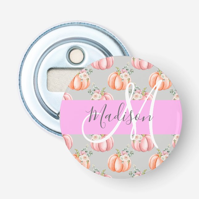Girl Floral Grau Pink Peach Pumpkin Monogram Name Flaschenöffner (Vorderseite)