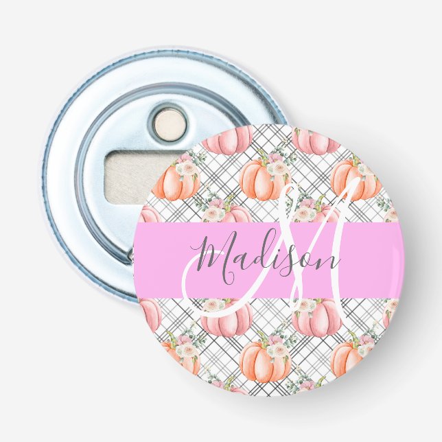 Girl Floral Grau Pink Peach Pumpkin Monogram Name Flaschenöffner (Vorderseite)