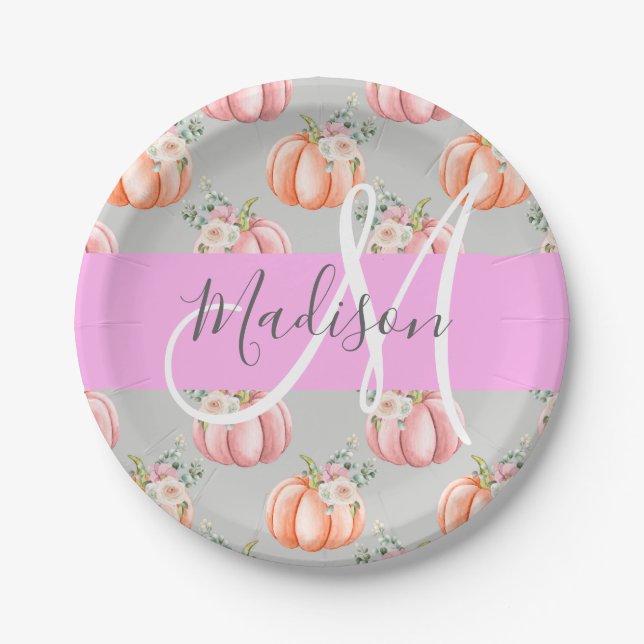 Girl Floral Grau Pink Peach Pumpkin Monogram Name Pappteller (Vorderseite)