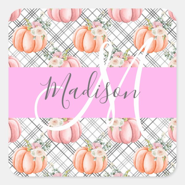 Girl Floral Grau Pink Peach Pumpkin Monogram Name Quadratischer Aufkleber (Vorderseite)