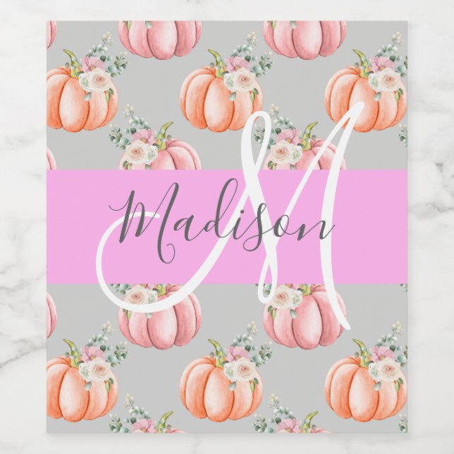 Girl Floral Grau Pink Peach Pumpkin Monogram Name Weinetikett (Einzelnes Label)