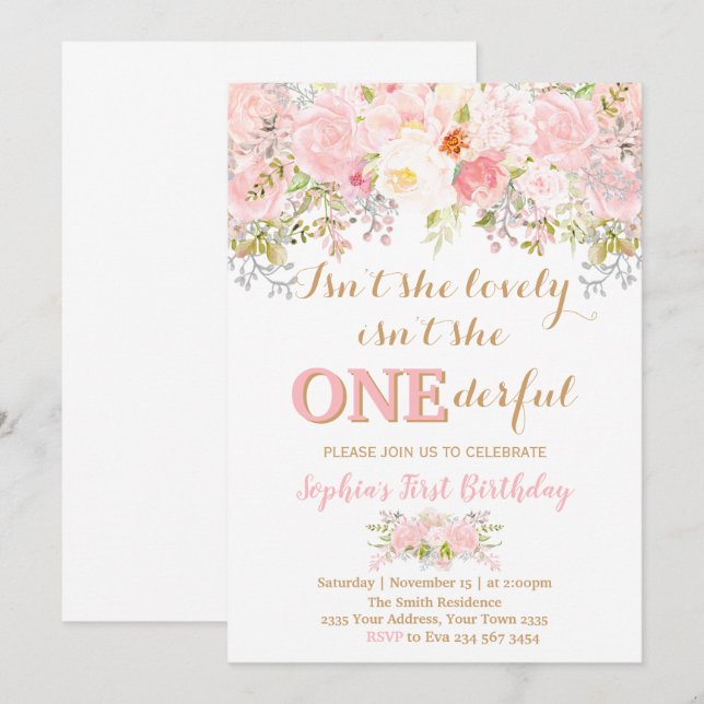 Girl Floral Isn't She Onederful 1st Birthday Einladung (Vorne/Hinten)
