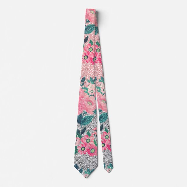 Girl Floral & Pink Silver Ombre Glitzer Design Krawatte (Vorderseite)