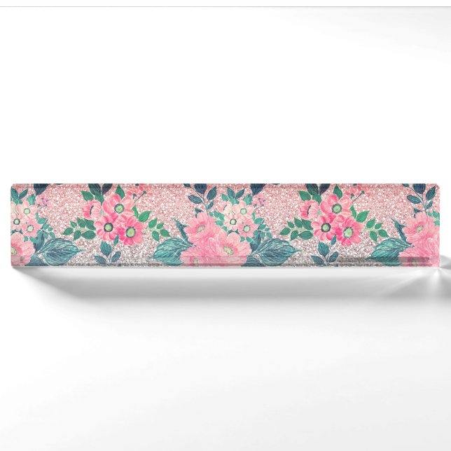 Girl Floral & Pink Silver Ombre Glitzer Design Namensplakette (Vorderseite)