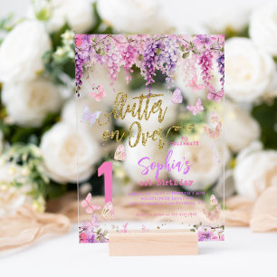 Girl Floral Wisteria Gold Butterfly Kindergeburtst Acryleinladungen