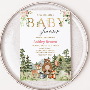 Girl Floral Woodland Animals Baby Einladung