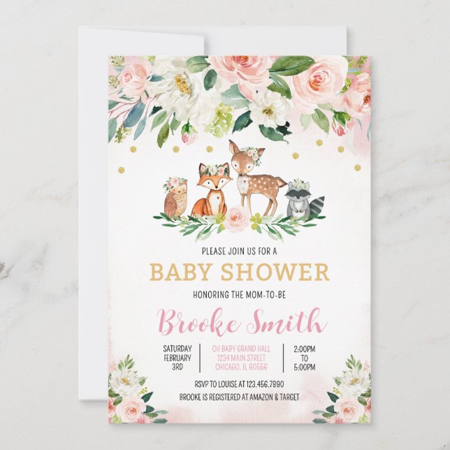 Girl Floral Woodland Baby Shower Einladung (Vorderseite)