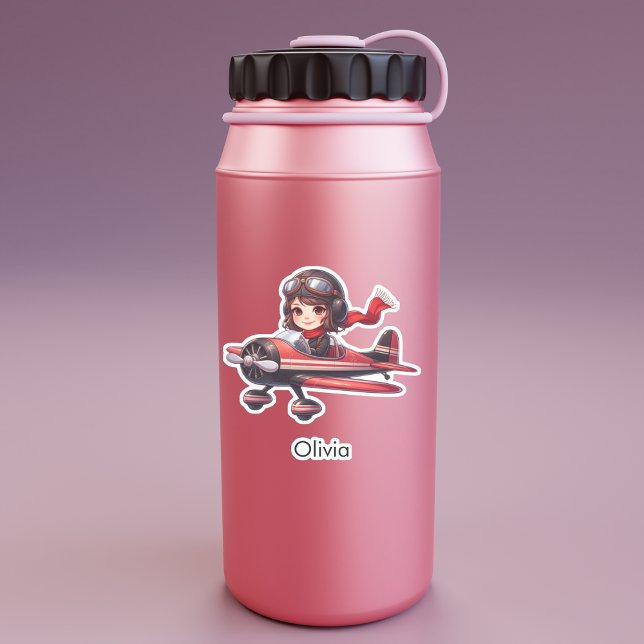 Girl Flying Airplane cute cartoon Personalized Aufkleber (Von Creator hochgeladen)