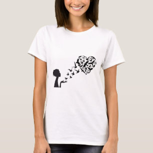 Girl Flying Birds in Heart Shaped T-Shirt