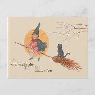 Girl Flying Hexe Black Cat Vollmond Postkarte