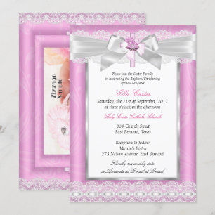 Girl Foto Rosa Blumenkreuz Taufe Christening Einladung