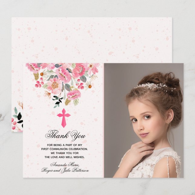 Girl Foto Watercolor Pink Floral Erste Kommune Dankeskarte (Vorne/Hinten)