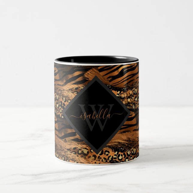 Girl Fun Modernes Copper Glitzer Script Monogram T Zweifarbige Tasse (Mittel)