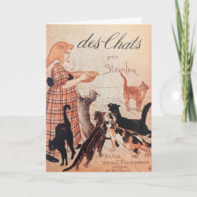 Girl Fütternd Cats Vintag Steinlen Poster Karte (Vorderseite)