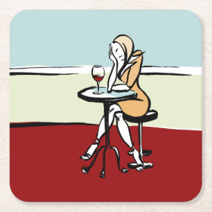 Girl Genießen Sie den Rotwein im Café Rechteckiger Pappuntersetzer