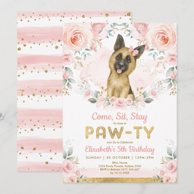 Girl German Shepherd Hunde Birthday Pink Gold Part Einladung (Vorne/Hinten)