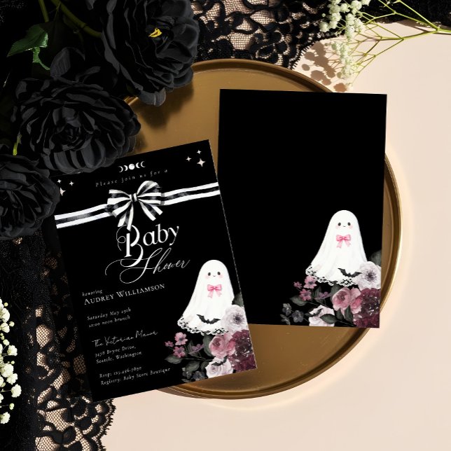 Girl Ghost Little Boo Floral Gothic Baby Dusche Einladung (Gothic Halloween Skeleton Hand Rose Baby Shower Invitation)