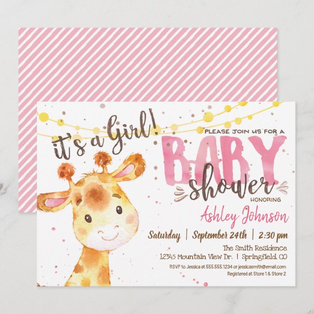 Girl Giraffe Baby Dusche Einladung (Vorne/Hinten)