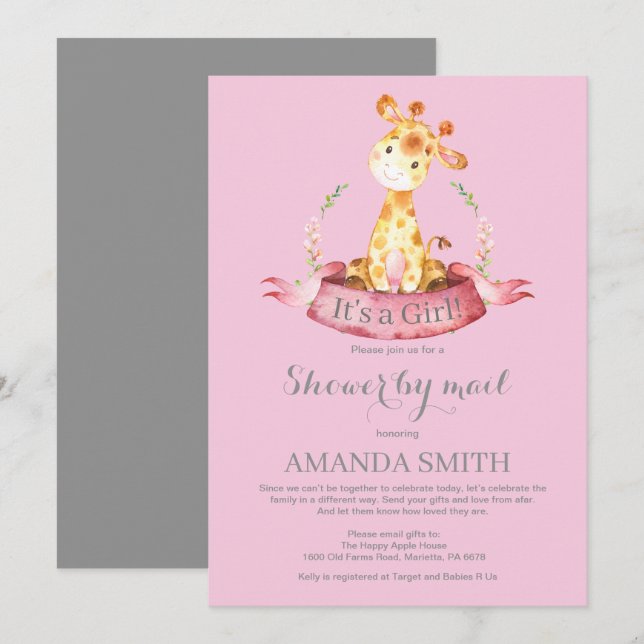 Girl Giraffe Baby Shower by Mail Einladung (Vorne/Hinten)
