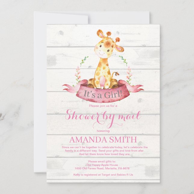 Girl Giraffe Baby Shower by Mail Einladung (Vorderseite)