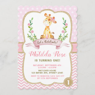 Girl Giraffe Birthday Pink Gold Jungle Einladung
