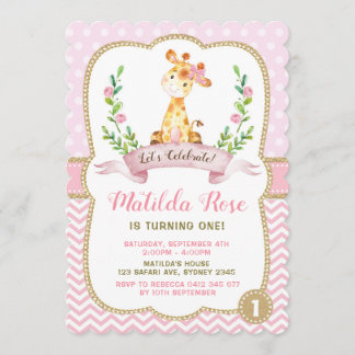 Girl Giraffe Birthday Pink Gold Jungle Einladung