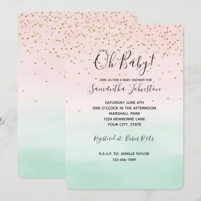 Girl Glam Blush Pink Minze Gold Sparkone Einladung (Vorne/Hinten)