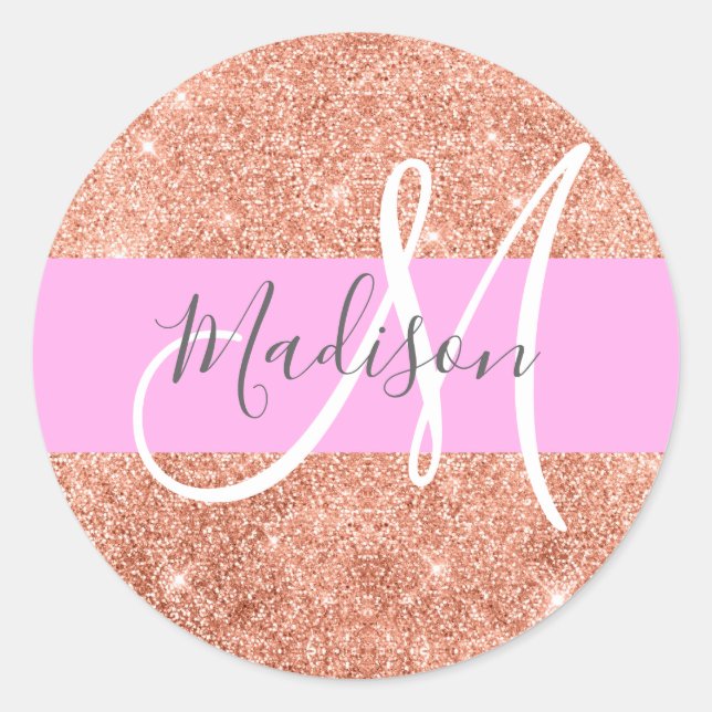 Girl Glam Pink Peach Gold Glitzer Monogram Name Runder Aufkleber (Vorderseite)