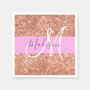 Girl Glam Pink Peach Gold Glitzer Monogram Name Serviette