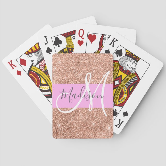 Girl Glam Pink Peach Gold Glitzer Monogram Name Spielkarten (Rückseite)