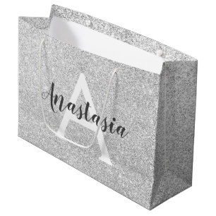 Girl Glam Silver Glitzer Glitzern Monogramm Name Große Geschenktüte